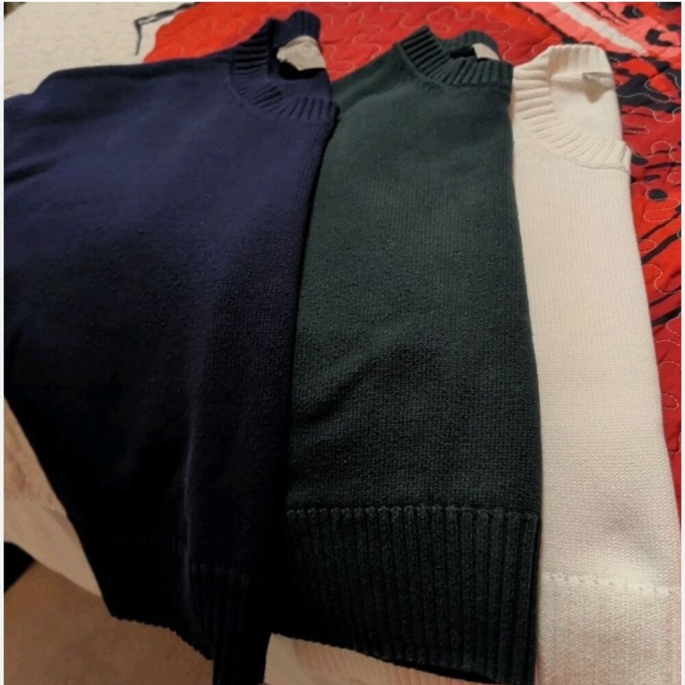 EVERLANE THE BOXY SWEATER IN COTTON LOT OF 3 NAVY WHITE AND FOREST S, XS EUC